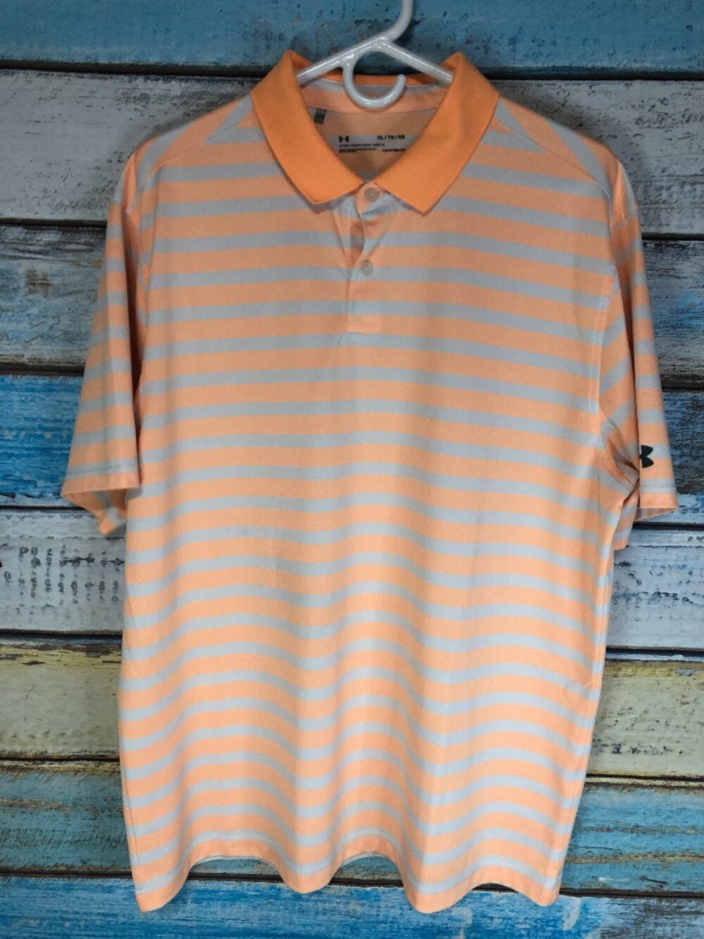 Under Armour Polo Men XL White Orange Striped Heat Gear Loose Fit Golf Tangerine